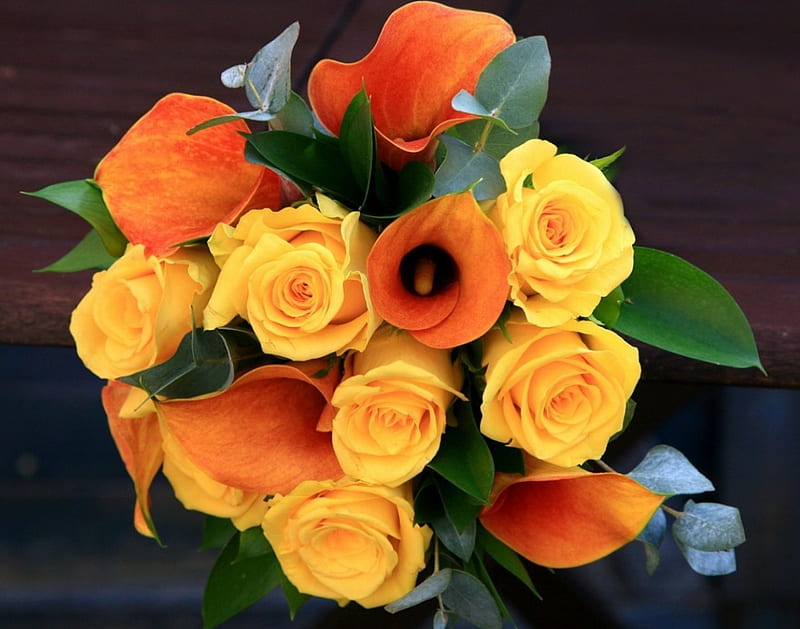 Lovely bouquet, yellow roses, bouquet, flowers, yellow, cala, roses, HD wallpaper