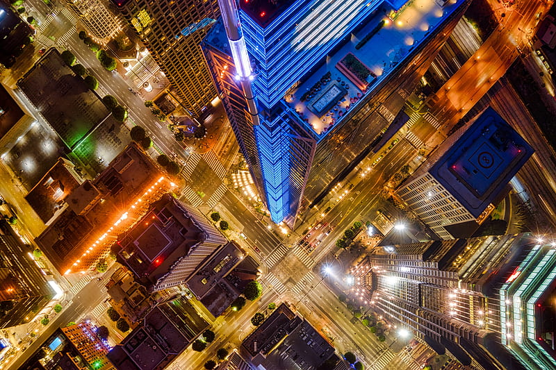 night city, architecture, building, aerial view, road, HD wallpaper