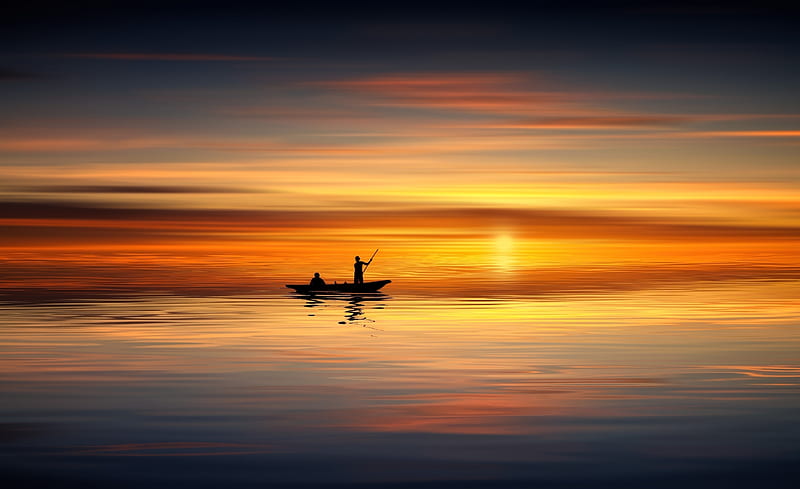 Sunset, summer, johannes plenio, sky, blue, orange, silhouette, sea, water, boat, vara, HD wallpaper