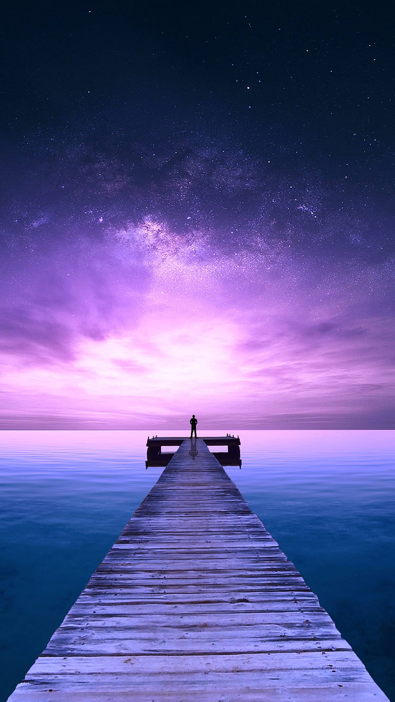 Star gazer, blue, dock, lake, landscape, purple, sky, stars, wooden, HD phone wallpaper