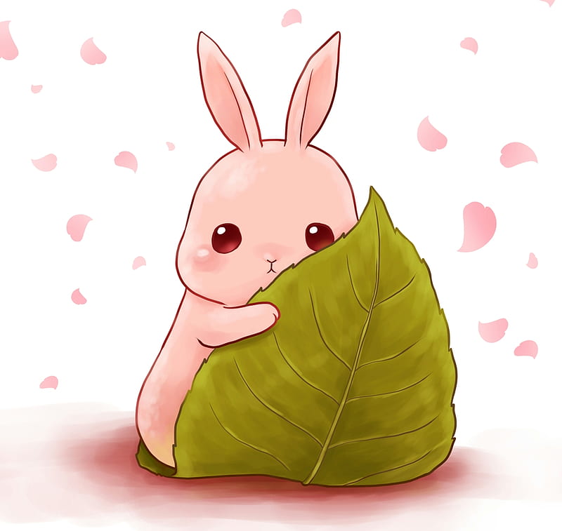 Sakura, pretty, rabbit, lovely, leave, adorable, sweet, leaf, cute, nice, kawaii, green, bunny, petals, pink, HD wallpaper