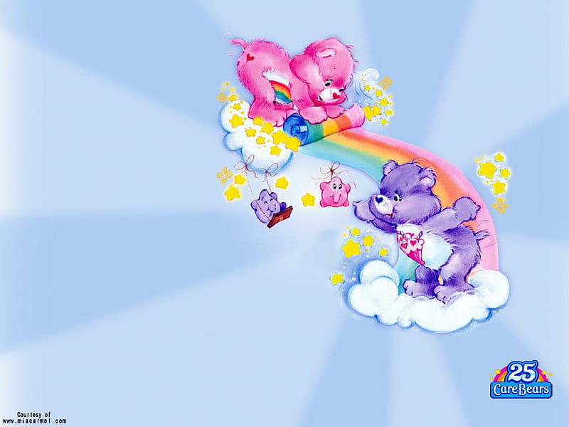 Rainbow Care Bears, stars, rainbow, clouds, sky, care bears, friends, HD wallpaper