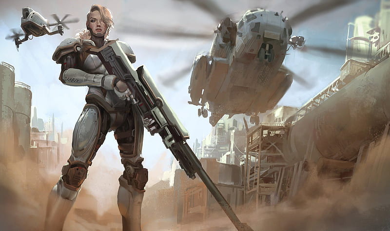 fantasy art, weapons, girl, futuristic, fiction, helicopter, HD wallpaper