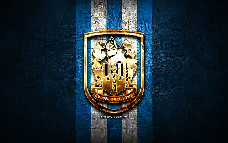 Huddersfield FC, golden logo, EFL Championship, blue metal background, football, FC Huddersfield, english football club, Huddersfield FC logo, soccer, England, HD wallpaper