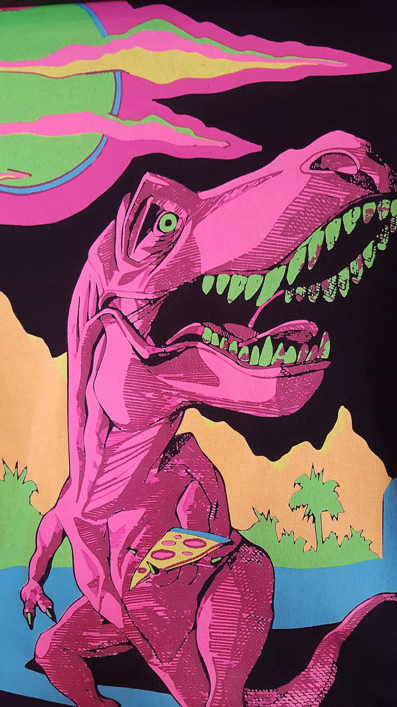 Pink Trex Eats Pizza, dinosaur, funky, pink, pizza, psicodelia, t-rex, trex, HD phone wallpaper