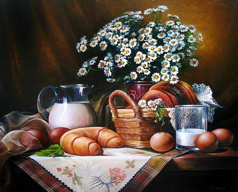 Breakfeast, bread, artwork, daisies, still life, basket, eggs, blossoms, flowers, milk, HD wallpaper