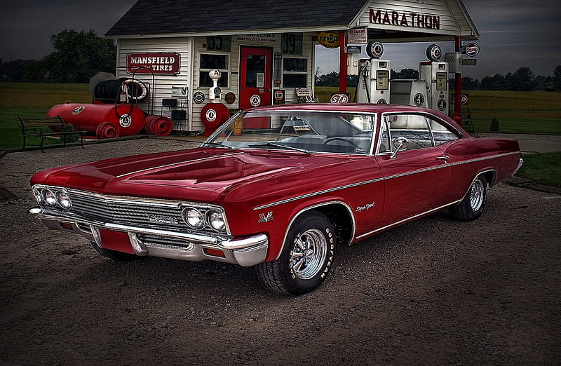 1966 Chevy Impala SS, red, graph, R, service, chevy, impala, pumps, station, vintage, HD wallpaper