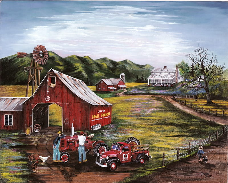 Granddads Farm, hills, stream, tractor, homestead, farm, boy, drive sheds, men, fields, truck, barns, animals, wind mill, dog, fishing, HD wallpaper