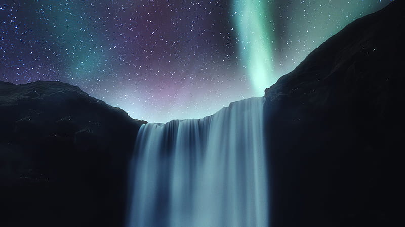 Waterfall Aurora Northern Lights , aurora, northern-lights, nature, stars, sky, HD wallpaper