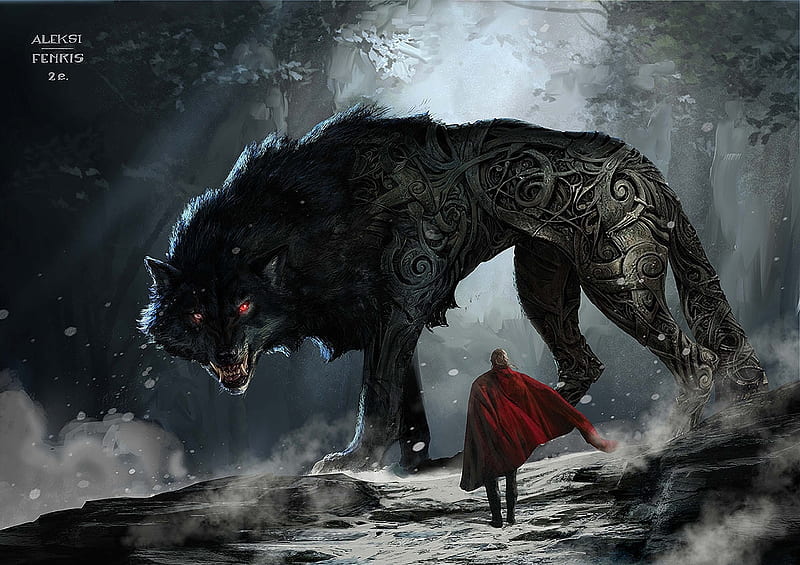 Fenrir, man, wolf, god, red, luminos, black, loki, fantasy, fenris, lup, aleksi briclot, HD wallpaper