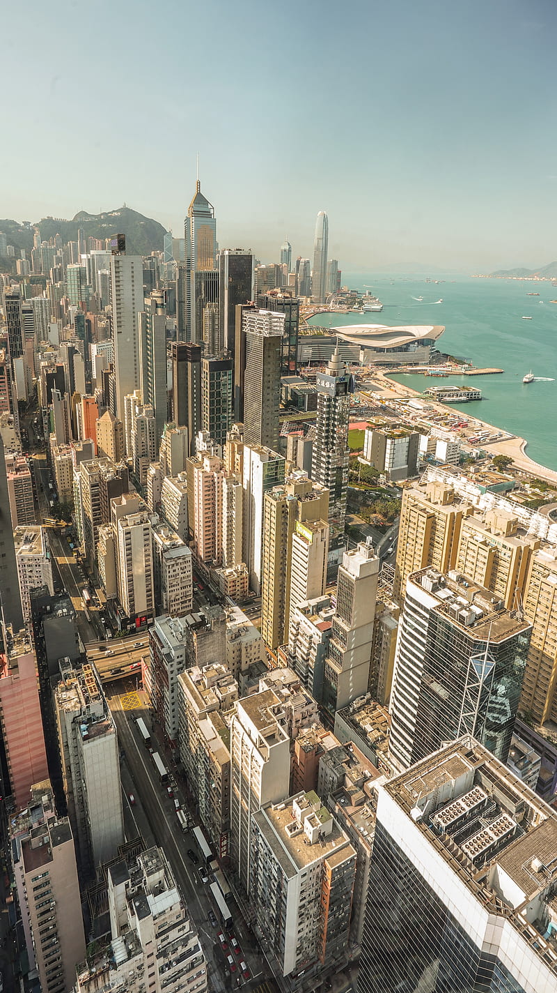 city, aerial view, buildings, metropolis, coast, HD phone wallpaper