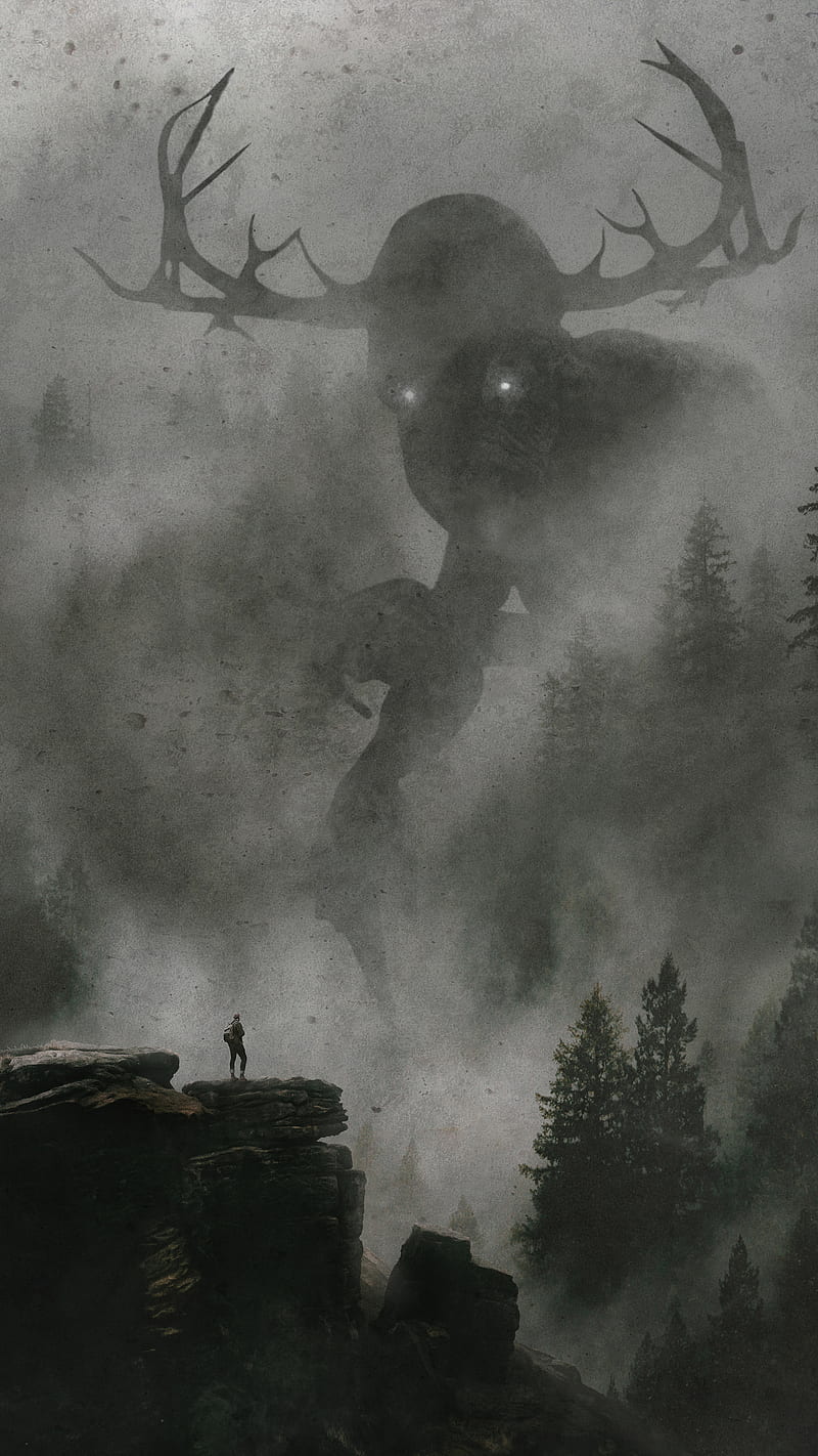 foggy forest monster, dark, drawing, fog, gloomy, horror, nature, smoke, HD phone wallpaper