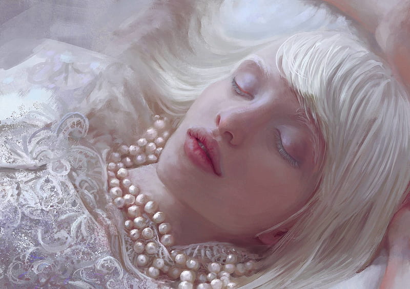 Sleeping beauty, art, mandy jurgens, woman, sleeping, girl, whiter, jewel, face, pearls, portrait, pink, HD wallpaper