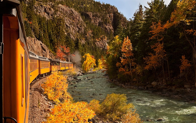 Autumn train, drum, toamnei, rau, trenul, HD wallpaper