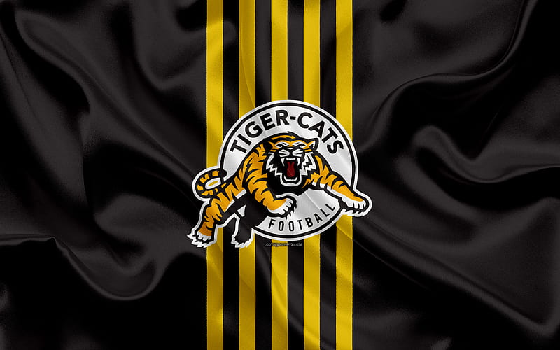 Hamilton Tiger-Cats logo, silk texture, Canadian football team, CFL, emblem, black and yellow silk flag, Hamilton, Ontario, Canada, Canadian Football League, HD wallpaper
