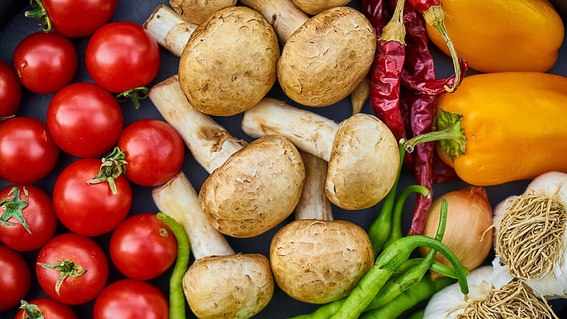 Food, Vegetables, Garlic, Mushroom, Onion, Pepper, Tomato, Vegetable, HD wallpaper