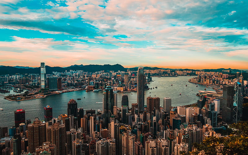 Hong Kong in evening metropolis, skyline, skyscrapers, modern buildings, asian cities, China, Hong Kong, Asia, HD wallpaper