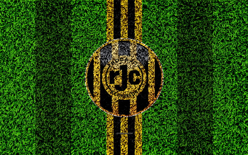 Roda JC Kerkrade, Roda FC emblem, football lawn, Dutch football club, logo, grass texture, Eredivisie, black yellow lines, Kerkrade, Netherlands, football, HD wallpaper