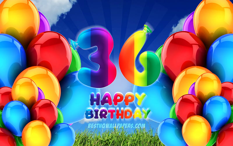 Happy 36 Years Birtay, cloudy sky background, Birtay Party, colorful ballons, Happy 36th birtay, artwork, 36th Birtay, Birtay concept, 36th Birtay Party, HD wallpaper