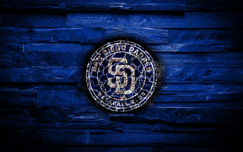 San Diego Padres scorched logo, MLB, blue wooden background, american baseball team, Padres, grunge, baseball, San Diego Padres logo, fire texture, USA, HD wallpaper