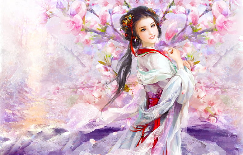 Asian Beauty art, pretty, art, fine, bonito, pastels, woman, kimono, fantasy, girl, serene, digital, asian, classic, HD wallpaper