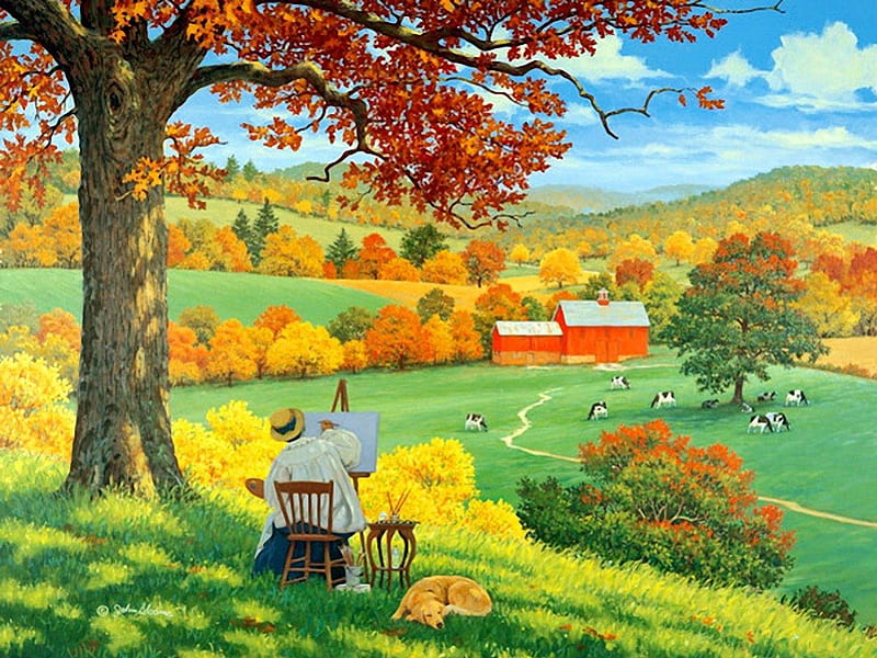 A world of her own, fall, world, colorful, autumn, house, grass, cottage, falling, cabin, farm, painting, village, art, quiet, calmness, silence, colors, shadow, sky, trees, serenity, slope, painter, meadow, field, HD wallpaper