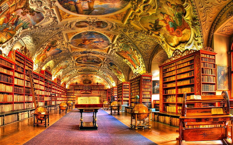 gorgeous library r, paintings, books, library, shelves, r, ceiling, HD wallpaper