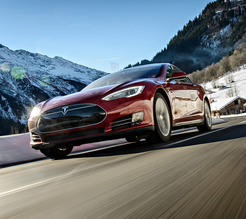Tesla, auto, car, mountain, road, snow, HD wallpaper