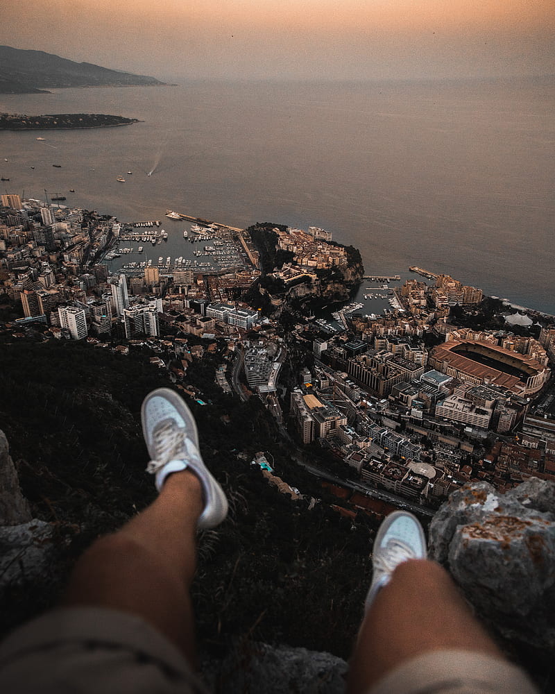 legs, sneakers, city, aerial view, coast, HD phone wallpaper