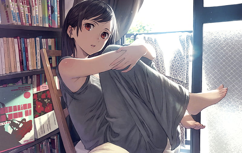 Beautiful anime girl, room, bookshelf, gray dress, Anime, HD wallpaper |  Peakpx