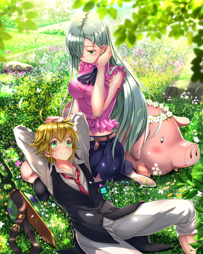 Anime, anime girls, long hair, grey hair, short hair, green eyes, pigs,  Nanatsu no Taizai, HD phone wallpaper | Peakpx