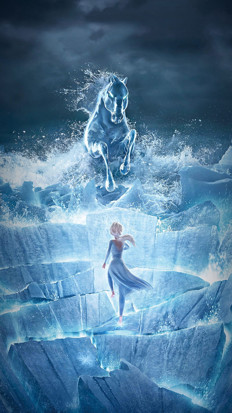 Frozen, animation, blue, fantasy horse, ice, movie, queen, white horse, HD phone wallpaper
