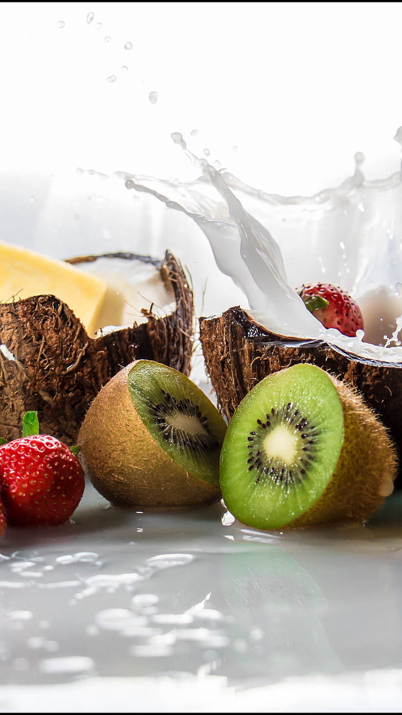 Fruits, coconut, fruit, kiwi, milk, strawberru, HD phone wallpaper