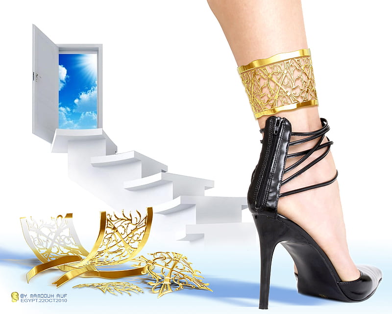 THE VISITOR, art, leg, black, stairs, sky, woman, silver, door, gold, 3d, anklet, beauty, fashion, shoes, HD wallpaper