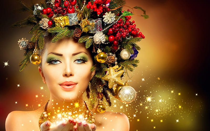 Beauty Christmas model, christmas, woman, make up, femininity, decorations, beauty, face, light, HD wallpaper