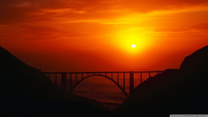 sunset over coastal bridge on west coast, bridhe, sunset, orange, coast, HD wallpaper