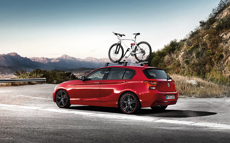BMW M135, 2018, F20, hatchback, red m1, new cars, bicycle transport, German cars, BMW, HD wallpaper