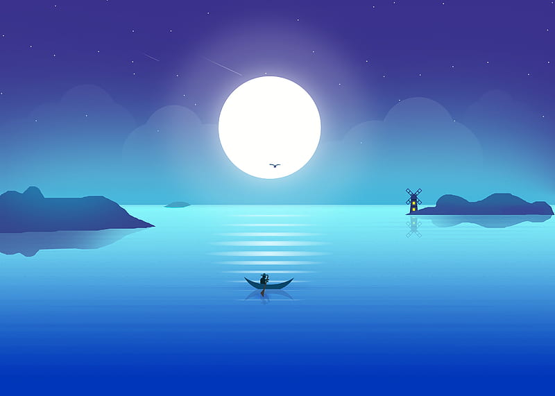 moon, boat, fisherman, horizon, art, HD wallpaper