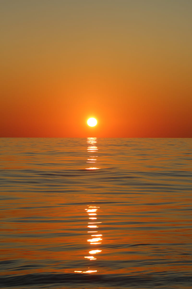 sunset, horizon, sun, glare, waves, HD phone wallpaper