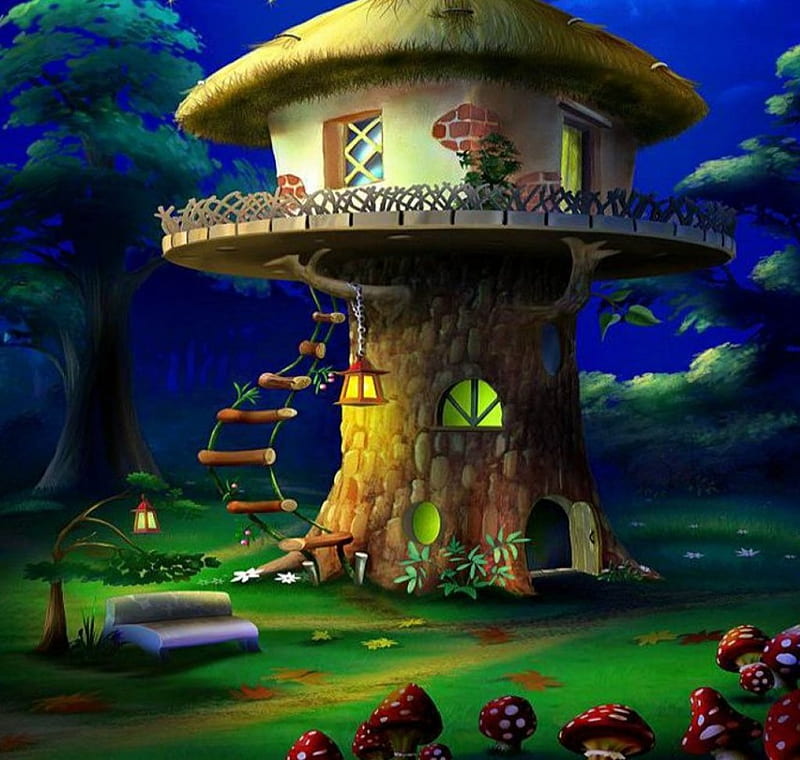 Fairy's House, tree, painting, ladder, mushrooms, clouds, artwork, HD wallpaper