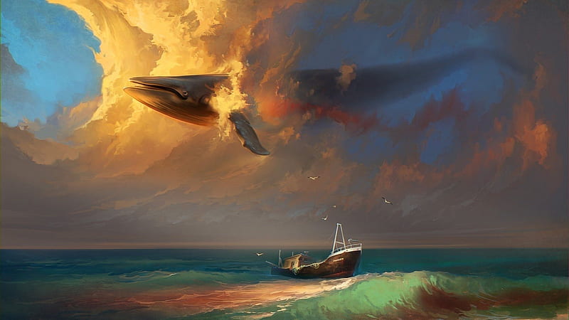 BOAT ON THE WATER,WHALE IN THE SKY, water, boat, sky, whale, HD wallpaper
