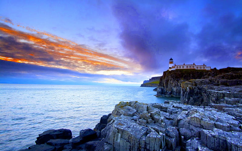 SUNSET SKY, Isle of Skye, sunset, Neist Point Lighthouse, lighthouse, sea, HD wallpaper