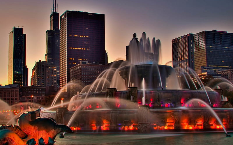 fantastic red fountain in chicago, red, fountain, city, dusk, lights, HD wallpaper