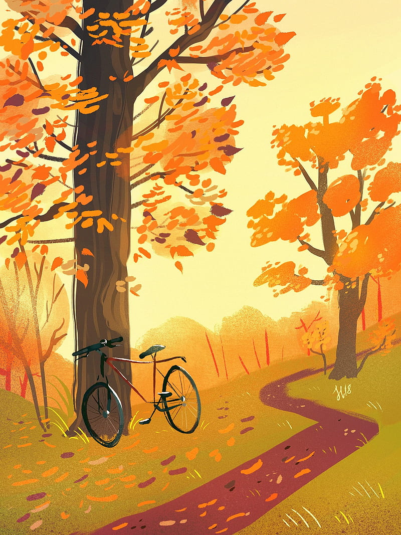 bicycle, forest, path, autumn, art, HD phone wallpaper