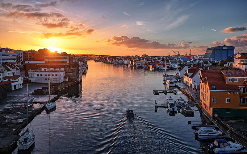 Haugesund, evening, sunset, beautiful sky, norwegian city, Haugesund skyline, Norway, HD wallpaper