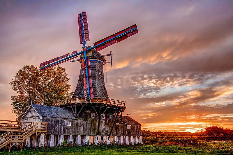the old windmill, sunset, windmill, trees, barn, HD wallpaper