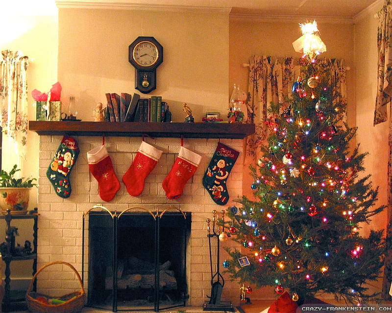Christmas Day, fireplace, home, christmas tree, decoration, HD wallpaper