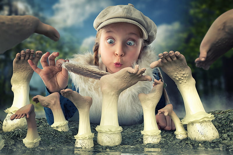 Tickling a foot fungus, john wilhelm, creative, situation, hat, fungus, girl, feather, copil, child, funny, foot, face, HD wallpaper