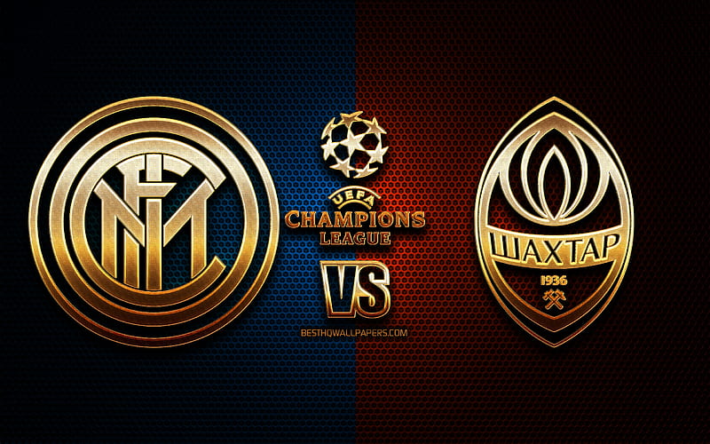 Inter Milan vs Shakhtar Donetsk, season 2020-2021, Group B, UEFA Champions League, metal grid backgrounds, golden glitter logo, Internazionale, FC Shakhtar Donetsk, UEFA, HD wallpaper