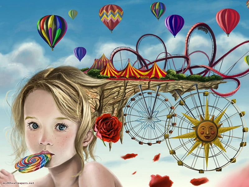 Abstract Roller-Coaster, colorful, roller-coaster, lollipop, girl, hot air balloons, clouds, sky, HD wallpaper